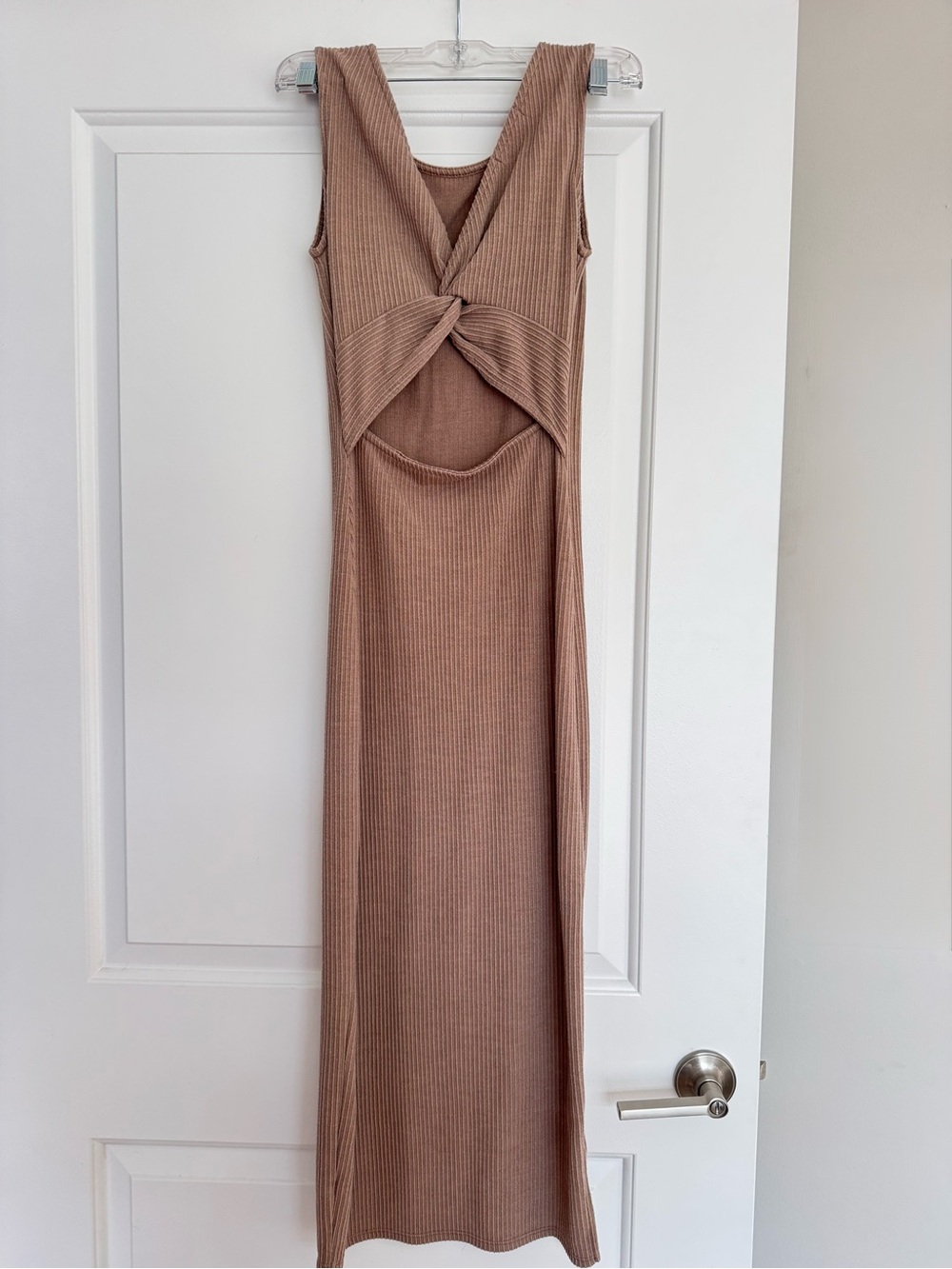 Twist-Front Ribbed Maxi Dress in Taupe